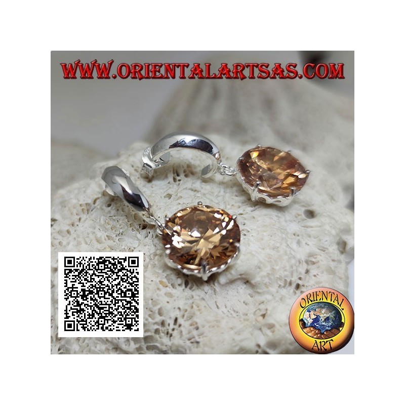 Smooth wide semicircle lobe silver earrings with large round faceted pendant champagne zircon