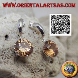 Smooth wide semicircle lobe silver earrings with large round faceted pendant champagne zircon