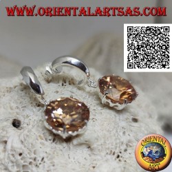 Smooth wide semicircle lobe silver earrings with large round faceted pendant champagne zircon