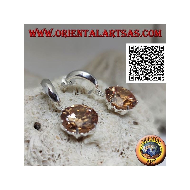 Orecchini in argento da lobo semicerchio largo liscio con zircone champagne tondo grande sfaccettato pendente