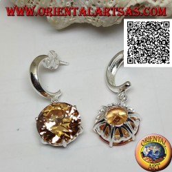 Smooth wide semicircle lobe silver earrings with large round faceted pendant champagne zircon