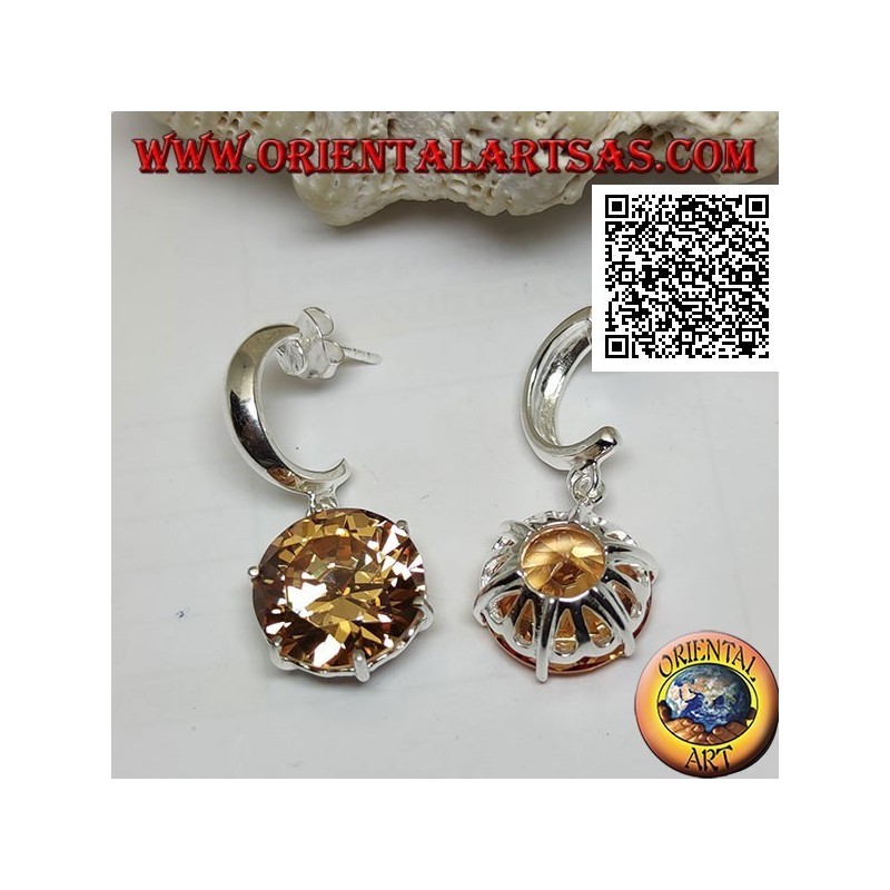 Pendientes de plata con lóbulo de semicírculo ancho liso con gran colgante redondo facetado de circonita champán