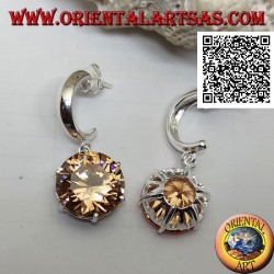 Pendientes de plata con lóbulo de semicírculo ancho liso con gran colgante redondo facetado de circonita champán