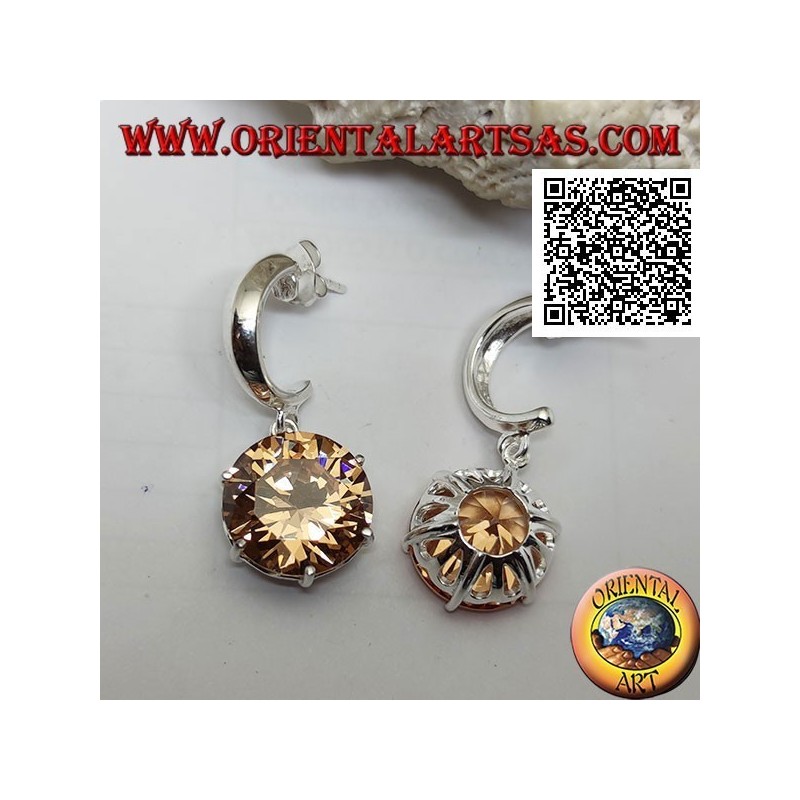 Orecchini in argento da lobo semicerchio largo liscio con zircone champagne tondo grande sfaccettato pendente