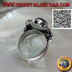 Silver flower ring with oval cabochon labradorite surrounded by Tibetan corals