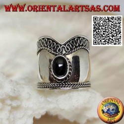 Breiter V-förmiger Silberring mit ovalem Onyx und Serpentin auf einer Seite, Bali