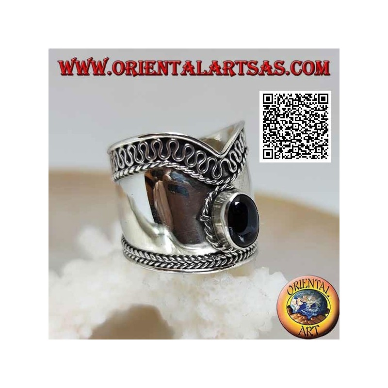 Breiter V-förmiger Silberring mit ovalem Onyx und Serpentin auf einer Seite, Bali