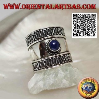 Breitband Silberring mit rundem Lapislazuli und Serpentin an den Seiten, Bali