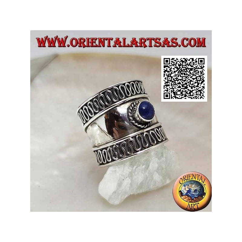Breitband Silberring mit rundem Lapislazuli und Serpentin an den Seiten, Bali