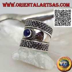 Breitband Silberring mit rundem Lapislazuli und Serpentin an den Seiten, Bali