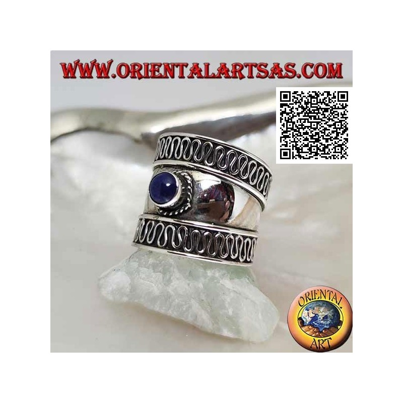 Breitband Silberring mit rundem Lapislazuli und Serpentin an den Seiten, Bali