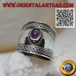 Silberband mit breitem Band und ovalem Cabochon-Amethyst und Serpentin an den Seiten, Bali