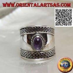 Wide band silver ring with oval cabochon amethyst and serpentine on the sides, Bali