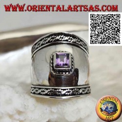 Wide band silver ring with faceted square amethyst and intertwining on the sides, Bali