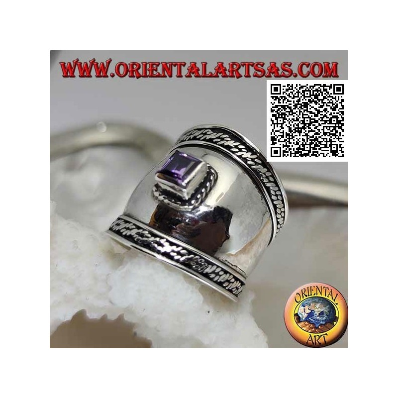 Breitband-Silberring mit facettiertem quadratischem Amethyst und seitlichen Verflechtungen, Bali