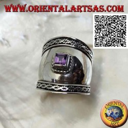 Wide band silver ring with faceted square amethyst and intertwining on the sides, Bali