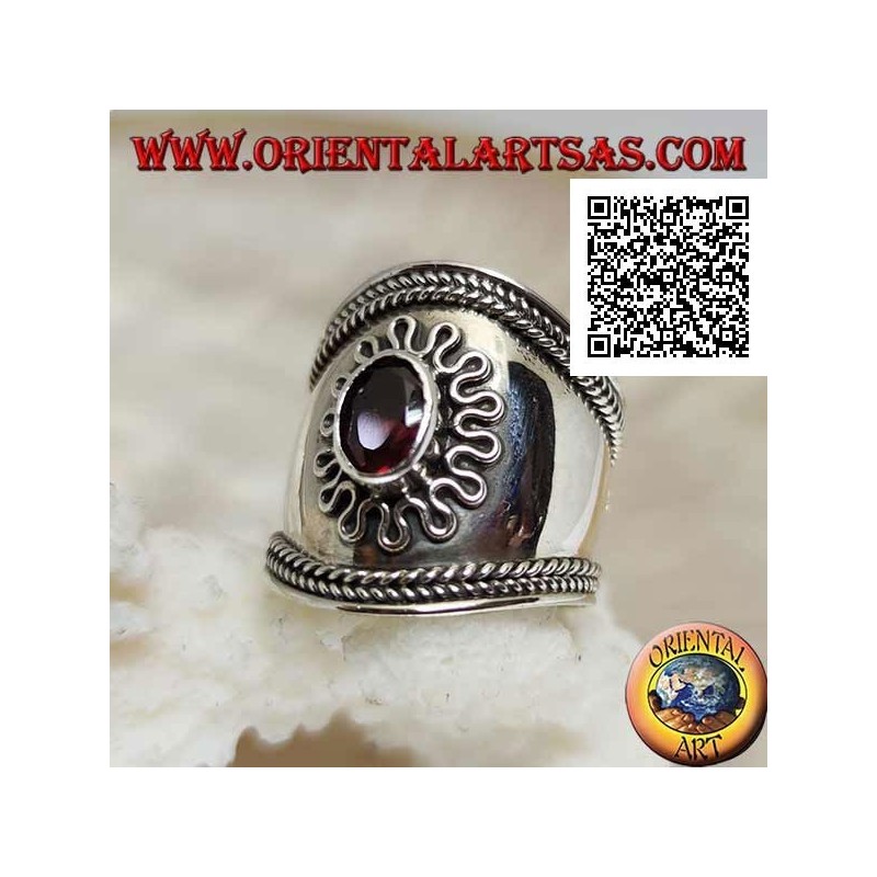 Wide band silver ring with oval garnet surrounded by serpentine and intertwining on the sides, Bali (freesize)