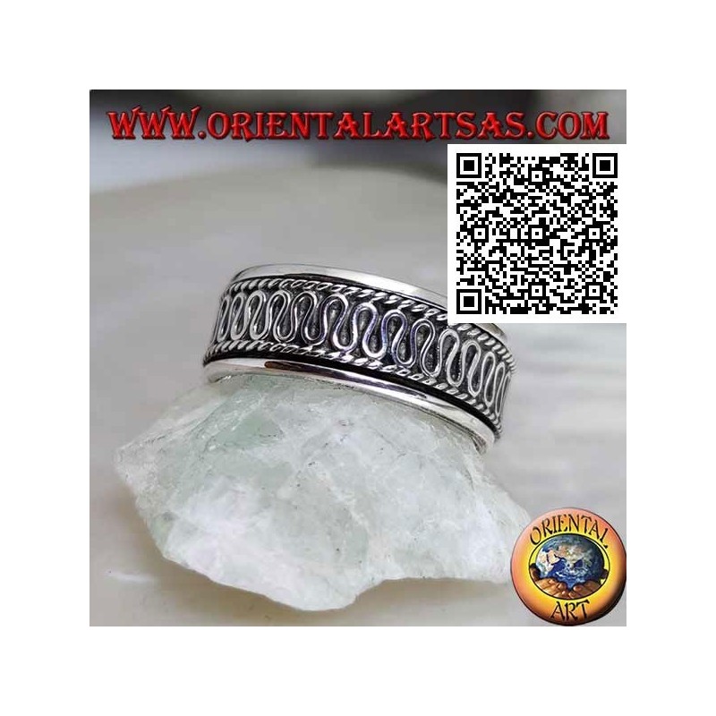 Aro de plata giratorio antiestrés, con serpentina central entre cordones