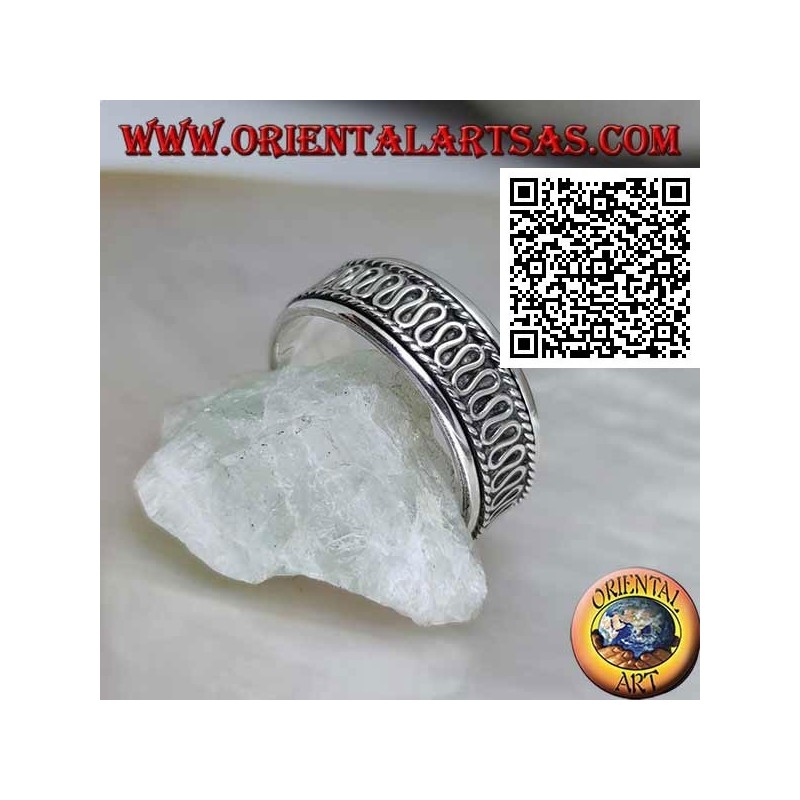 Anti-stress rotating silver ring, with central serpentine between cords