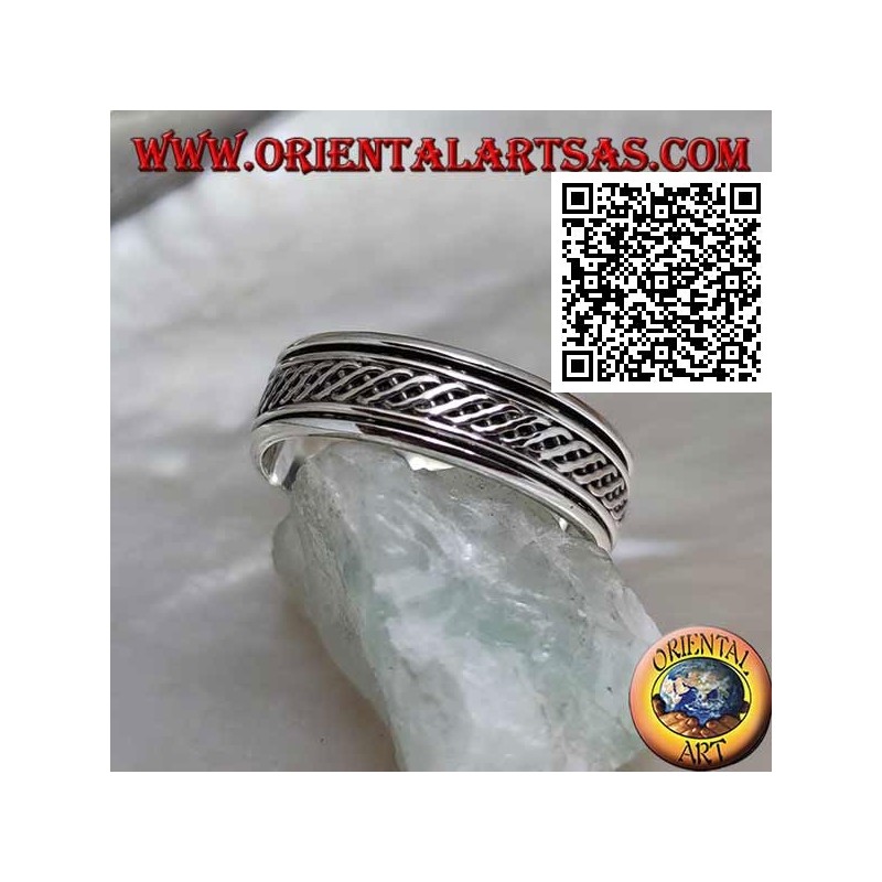 Anello fedina in argento girevole antistress, due linea ondulata intrecciate tra loro