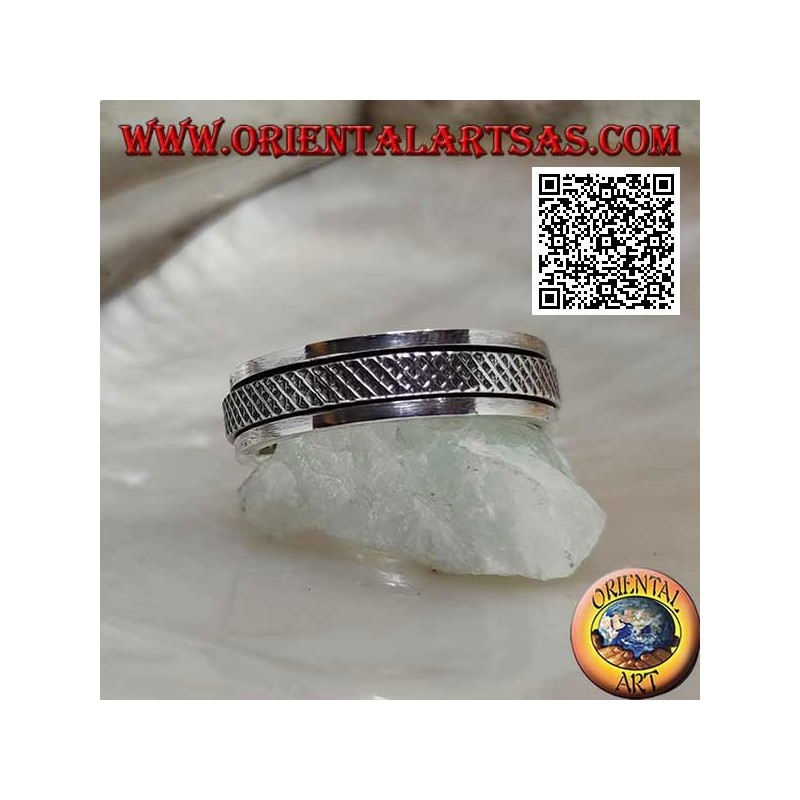 Anti-stress rotating silver band ring, X-woven lattice