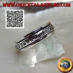 Anti-stress rotating silver band ring, two curved mirror "e" lines