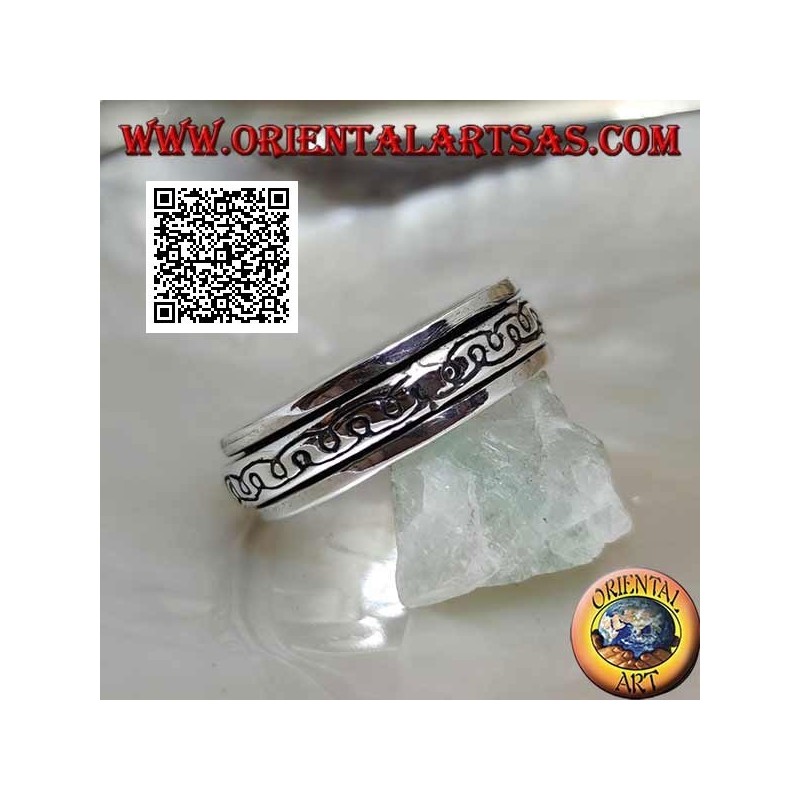 Anti-stress rotating silver band ring, two curved mirror "e" lines