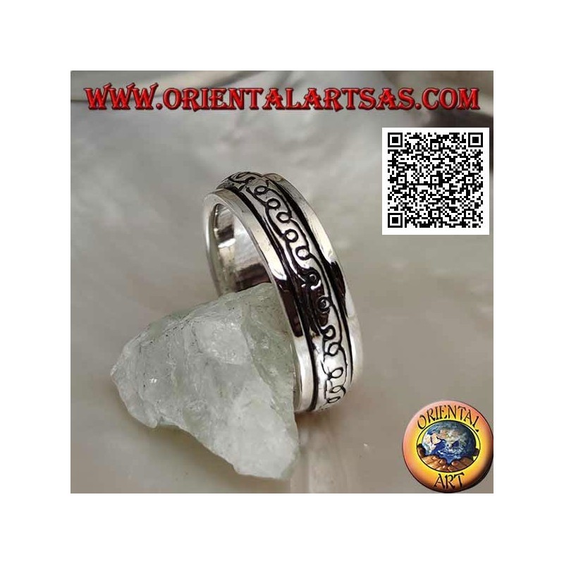 Anillo de plata giratorio antiestrés, dos líneas curvas en forma de "e" de espejo