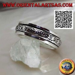 Anti-stress rotating silver band ring, two curved mirror "e" lines