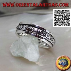 Anti-stress rotating silver band ring, two curved mirror "e" lines