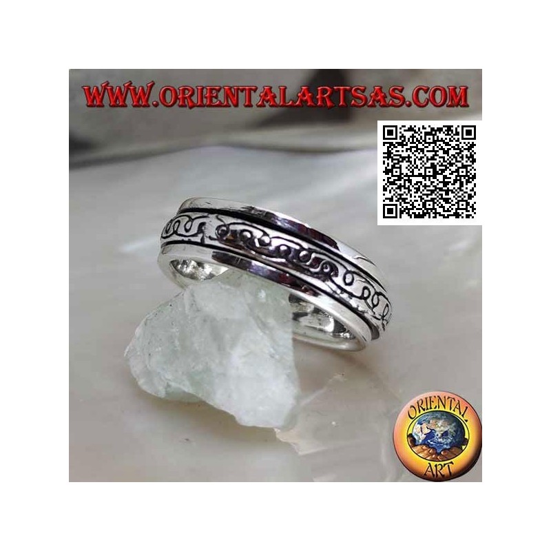 Anti-stress rotating silver band ring, two curved mirror "e" lines