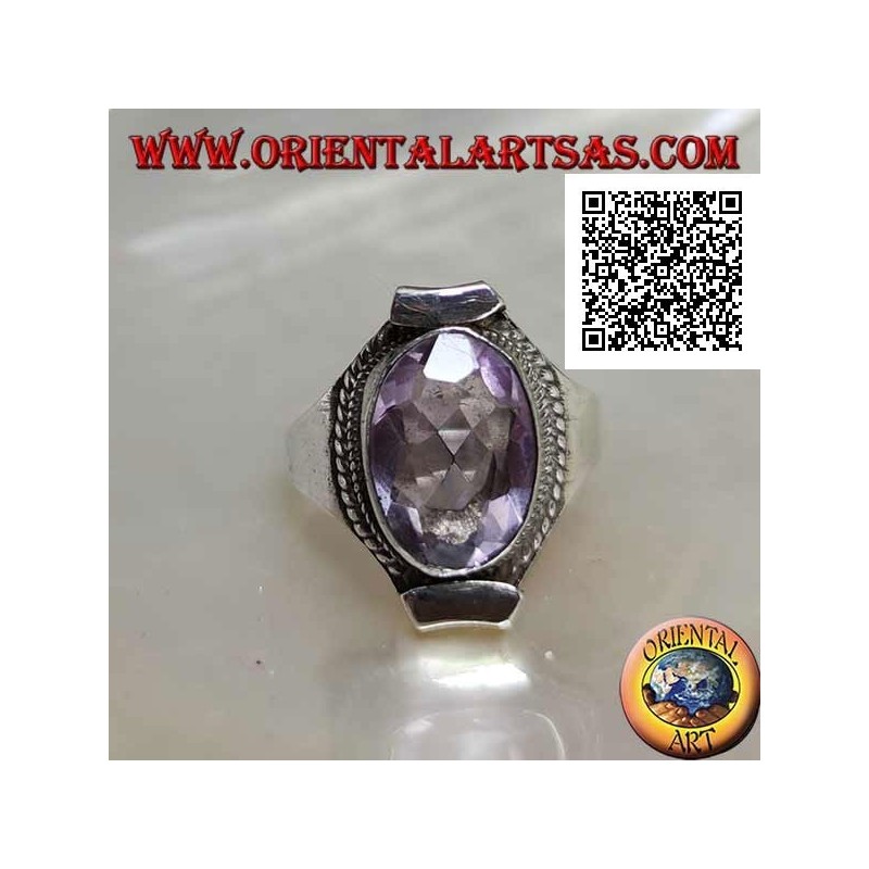 Silver ring with natural oval faceted amethyst surrounded by weaving on Nepalese setting