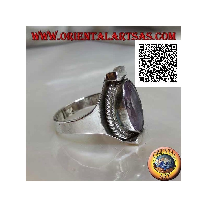 Silver ring with natural oval faceted amethyst surrounded by weaving on Nepalese setting