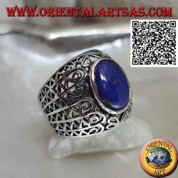 Silver ring with oval lapis lazuli on a wide rounded band with openwork decoration