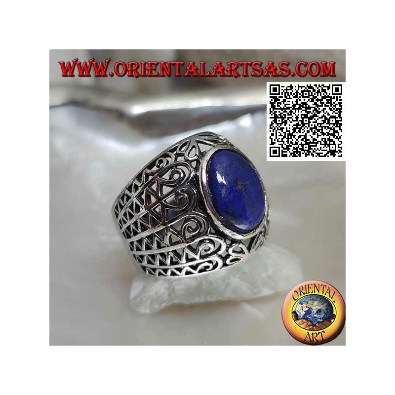 Silver ring with oval lapis lazuli on a wide rounded band with openwork decoration