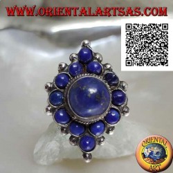Rhomboidal silver ring with round lapis lazuli and central round cabochon lapis lazuli