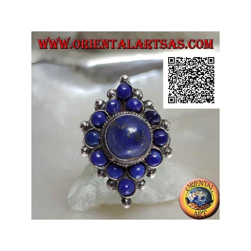 Rhomboidaler Silberring mit rundem Lapislazuli und zentralem rundem Cabochon-Lapislazuli
