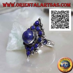 Rhomboidaler Silberring mit rundem Lapislazuli und zentralem rundem Cabochon-Lapislazuli