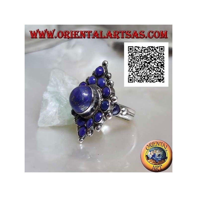Rhomboidaler Silberring mit rundem Lapislazuli und zentralem rundem Cabochon-Lapislazuli