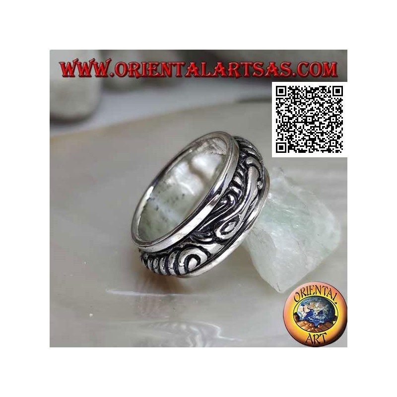 Anello fedina in argento girevole antistress, bombato con motivo maori inciso