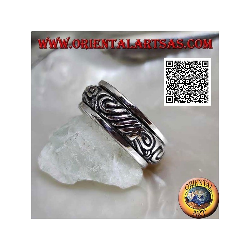 Anti-stress rotating silver ring, rounded with engraved Maori motif