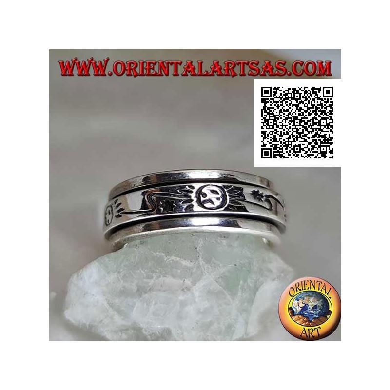Bague en argent antistress pivotante, lisse avec soleil stylisé et éclair gravé