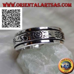 Swivel antistress silver ring, smooth with stylized sun and lightning bolt engraved
