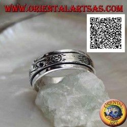 Swivel antistress silver ring, smooth with stylized sun and lightning bolt engraved