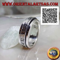 Bague en argent antistress pivotante, lisse avec soleil stylisé et éclair gravé