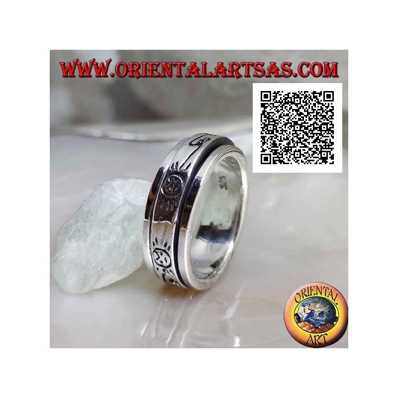 Anti-Stress rotierender Silberring, glatt mit gravierter stilisierter Sonne und Blitz