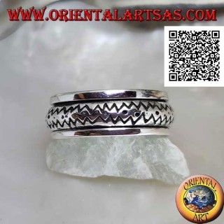 Anillo de plata giratorio antiestrés, redondeado con doble línea grabada en zig zag