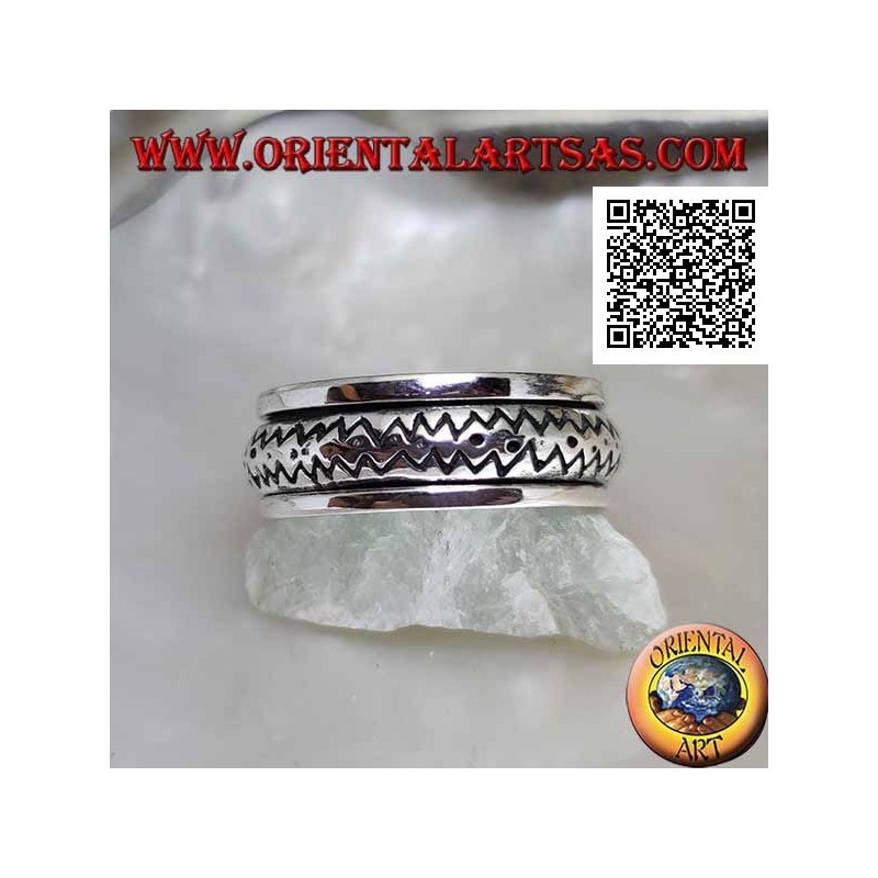 Bague en argent rotative anti-stress, arrondie avec double ligne en zigzag gravée