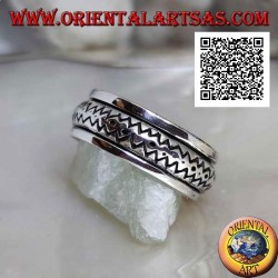 Bague en argent rotative anti-stress, arrondie avec double ligne en zigzag gravée