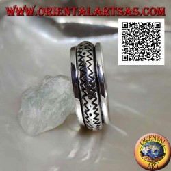Bague en argent rotative anti-stress, arrondie avec double ligne en zigzag gravée